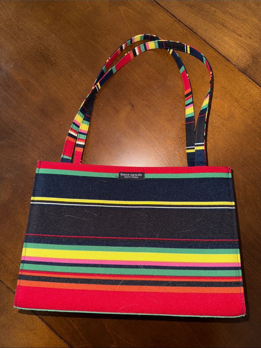 kate spade Multicolor Striped Canvas Tote with Red, Black & Yellow Accents